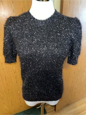 Rachel Zoe Black Metallic Fuzzy Short-Sleeve Crew Sweater